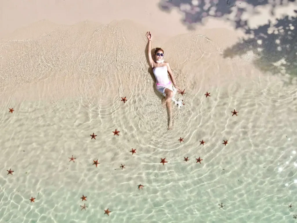 a woman in the water amongs starfish