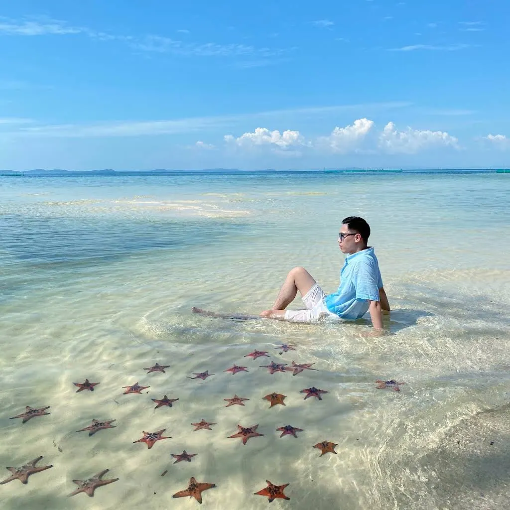 Man sitting among starfish, starfish beach, phu quoc